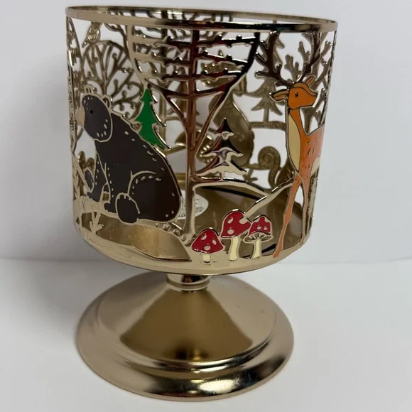 Bath & Body Works 3-Wick Candle Holder Pedestal Gold Fox Bear Deer Nature Animal - Picture 3 of 6